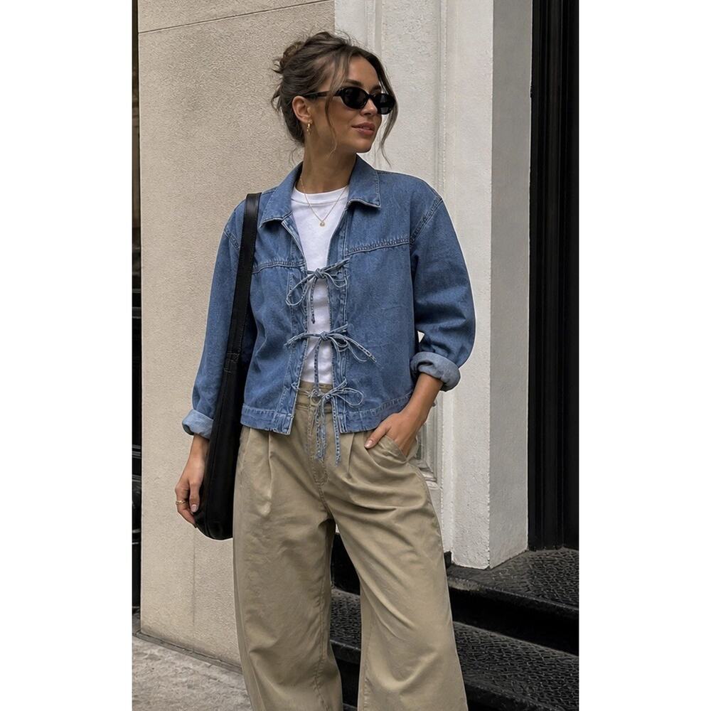 Ann Taylor Loft Bow Tie Denim Jacket Blue Cropped Relaxed Fit Chambray Sz XS
